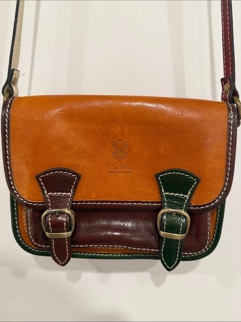 Florence Classic Leather Crossbody Bag in Tan with Burgundy & Green Accents